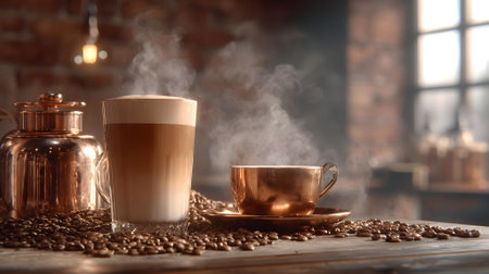 Coffee cup and coffee beans on wooden table in cafe.ai generatedの素材