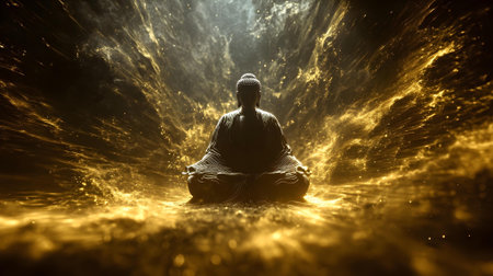 Buddha in lotus pose with golden light and smoke background.ai generatedの素材