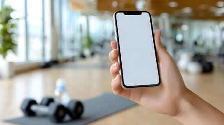 Female hand holding a smartphone with white screen in a fitness room.ai generatedの素材