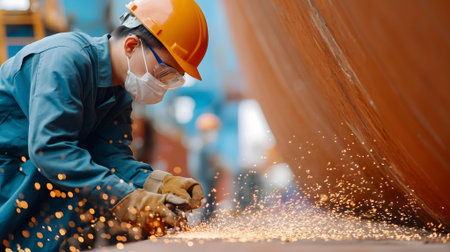 Worker cutting steel with angle grinder in factory. Selective focus.ai generatedの素材