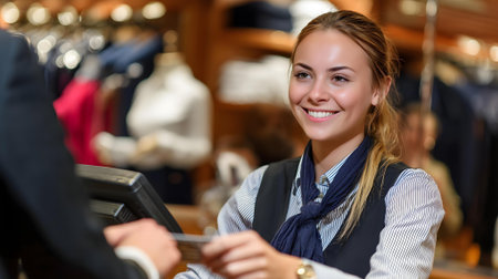 Portrait of a beautiful young woman using credit card in a clothing store.ai generatedの素材