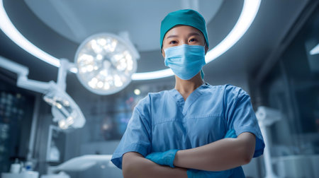 Portrait of a young female surgeon standing with arms crossed in operation room.ai generatedの素材