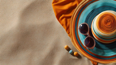 Straw hat and sunglasses on sand, top view. Space for text.ai generatedの素材