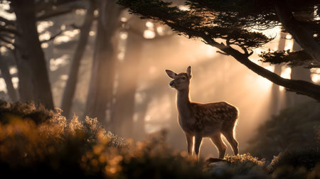 Fallow deer in the forest with fog and sunbeams.ai generatedの素材