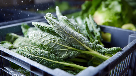 Fresh green vegetables in a plastic box with water drops. Selective focus.ai generatedの素材