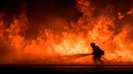 Silhouette of fireman fighting a fire in the night.ai generatedの素材