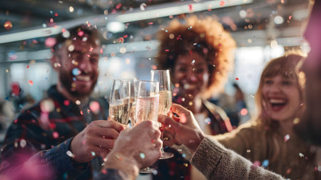 Group of friends clinking glasses with champagne and having fun at party.ai generatedの素材