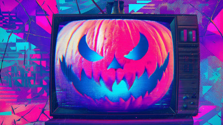 Halloween pumpkin on a retro TV. The background is blurred.ai generatedの素材