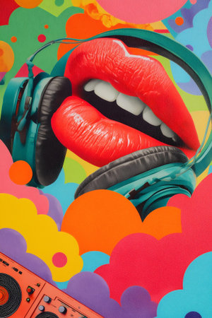 Music concept with headphones and smiley lips on colorful background, closeup.ai generatedの素材