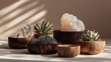 Wooden bowls with succulents and semiprecious stones.ai generatedの素材