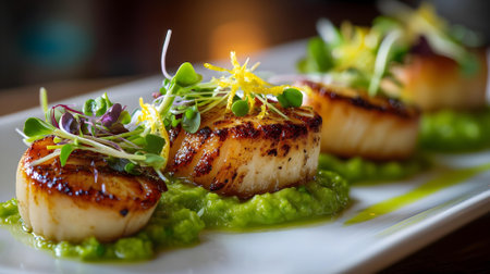 Grilled scallops with pea puree and micro green.ai generatedの素材