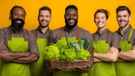 Group of happy smiling multiethnic workers in green apron holding basket with fresh vegetables.ai generatedの素材