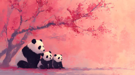 Panda family in the red tree. Watercolor painting style.ai generatedの素材