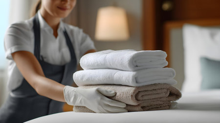 Young chambermaid with stack of clean towels in hotel room, closeup.ai generatedの素材