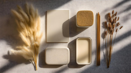 Flat lay composition with soap, loofah and dry grass on white background.ai generatedの素材