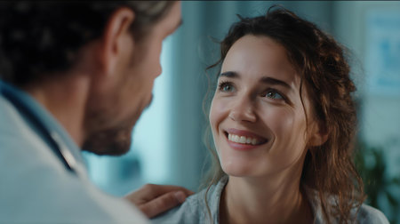 Close-up of smiling female patient and doctor looking at each other.ai generatedの素材