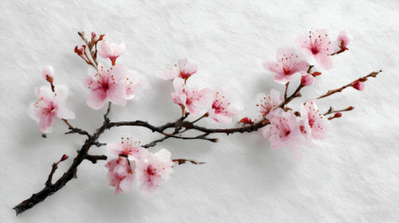 cherry blossom branch on white snow background, top view, flat lay.ai generatedの素材