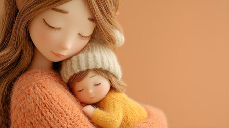 Closeup of a doll mother and daughter in a warm sweater.ai generatedの素材