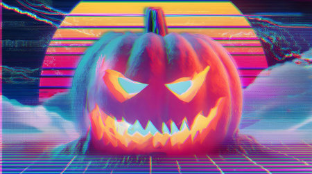 Halloween pumpkin with eyes and mouth in front of a digital background.ai generatedの素材