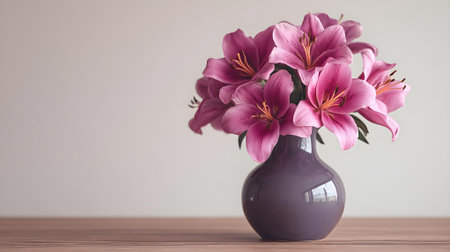 Bouquet of pink lilies in a vase on a wooden table.ai generatedの素材
