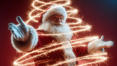 Santa Claus with Christmas tree on dark background. New year and Christmas concept.ai generatedの素材