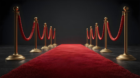 Red carpet and golden stanchions on dark background. 3D rendering.ai generatedの素材