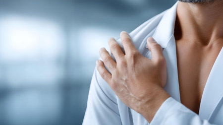 Close-up of a man suffering from pain in his shoulder. Pain concept.ai generatedの素材