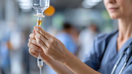 Close-up of a nurse holding an intravenous solution in a hospital.ai generatedの素材