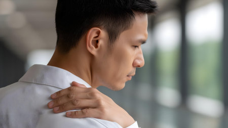 young asian businessman suffering from shoulder pain in office. side view.ai generatedの素材