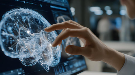 Close-up of human brain hologram and human hands touching it.ai generatedの素材