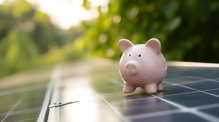 Piggy bank with solar panel on green background, closeup.ai generatedの素材