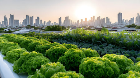 Organic hydroponic vegetable farm with city skyline background at sunset.ai generatedの素材