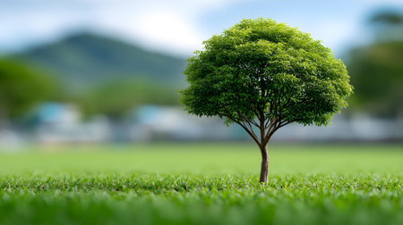 Tree on green grass with mountain background, Concept of nature and environment.ai generatedの素材