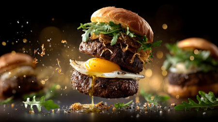 Burger with flying ingredients on a black background. Fast food concept.ai generatedの素材