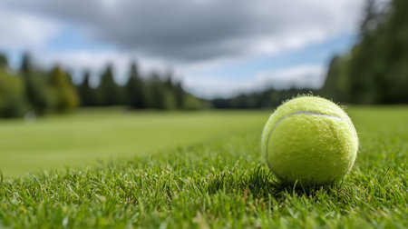 Tennis ball on green grass with trees in background, closeup.ai generatedの素材