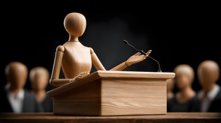 Wooden figure speaking at a podium in front of a group of people.ai generatedの素材