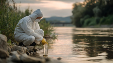 Scientist in a white protective suit and mask examines a sample of water in the river.ai generatedの素材