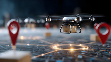 Drone flying over the city. 3d rendering image with depth of field.ai generatedの素材