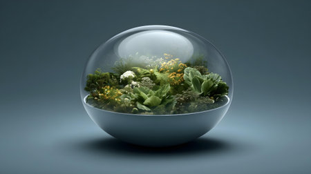 3D illustration of a glass sphere with plants and flowers inside.ai generatedの素材