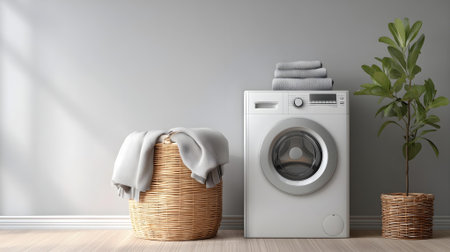 Laundry room with washing machine and basket - 3d rendering.ai generatedの素材