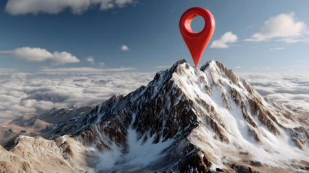 Red map pointer pin on top of a mountain. 3D Rendering.ai generatedの素材