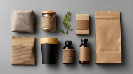 Mock up of natural beauty products on grey background, flat lay.ai generatedの素材