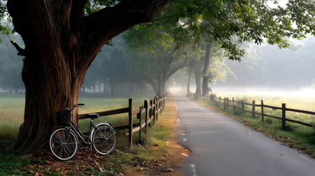 Bicycle in foggy morning at the forest,.ai generatedの素材