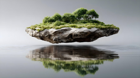 3d render of a green tree on a rock with water reflection.ai generatedの素材