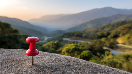 Red push pin on the top of the mountain with nature background.ai generatedの素材