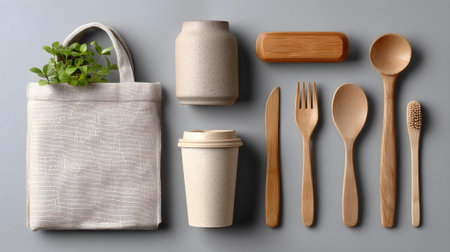 Flat lay composition with eco friendly utensils on grey background.ai generatedの素材