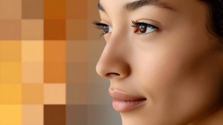 Portrait of beautiful young woman with brown eyes on color background, closeupの素材