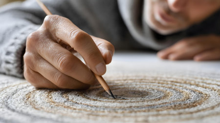 Close up of a caucasian man using a pencil to draw a pattern on a piece of paper.ai generatedの素材