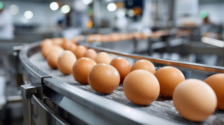 Eggs on conveyor belt in a factory, food industry.ai generatedの素材