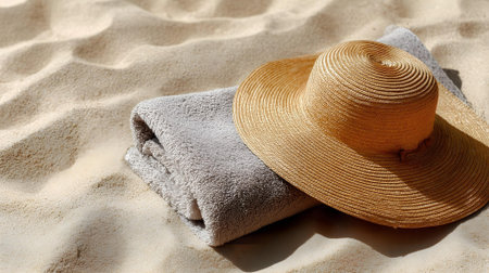 Straw hat and towel on the sand. Selective focus.ai generatedの素材